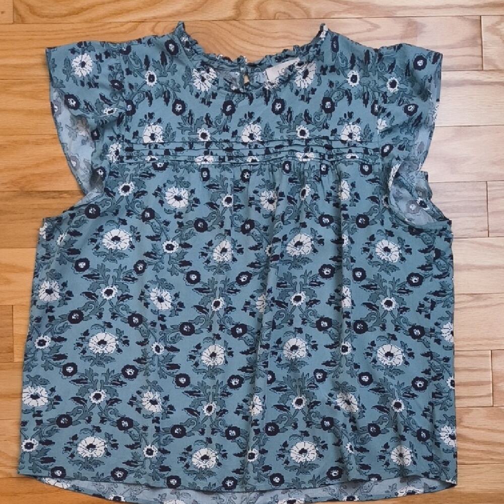 Floral Pintuck Sleeveless Top - Teal Blue